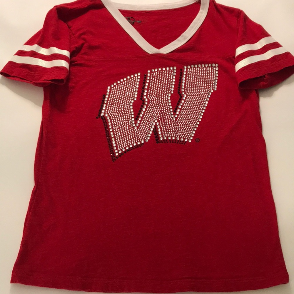 Women’s Red Long Sleeve V-Neck Tee with Rhinestone 'W'